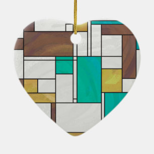 Mondrian Brown Yellow Teal Print Ceramic Tree Decoration