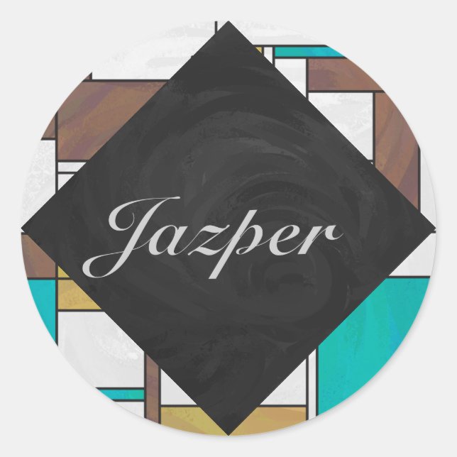 Mondrian Brown Yellow Teal Print Classic Round Sticker (Front)