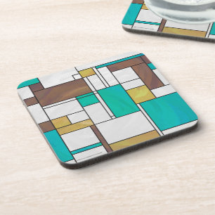 Mondrian Brown Yellow Teal Print Coaster