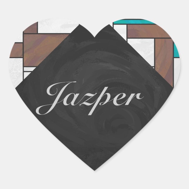 Mondrian Brown Yellow Teal Print Heart Sticker (Front)