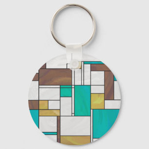 Mondrian Brown Yellow Teal Print Key Ring
