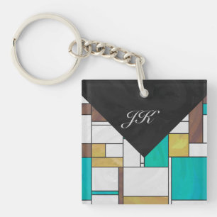 Mondrian Brown Yellow Teal Print Key Ring