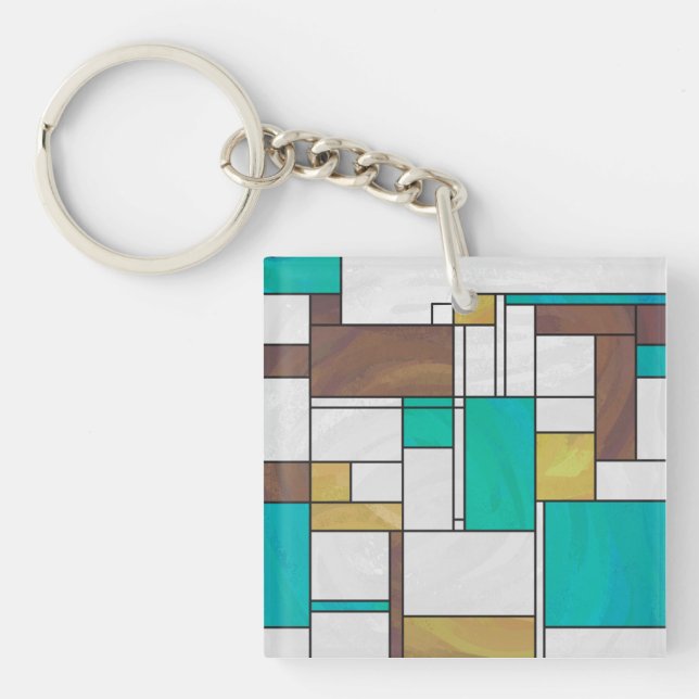 Mondrian Brown Yellow Teal Print Key Ring (Front)