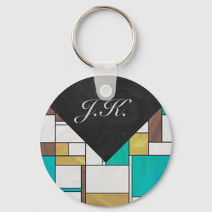 Mondrian Brown Yellow Teal Print Key Ring