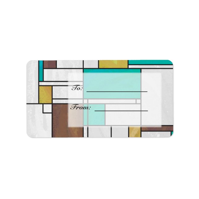 Mondrian Brown Yellow Teal Print Label (Front)