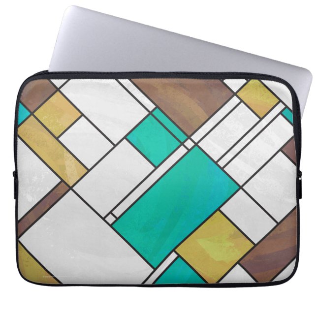Mondrian Brown Yellow Teal Print Laptop Sleeve (Front)