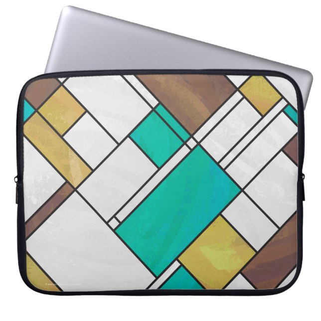 Mondrian Brown Yellow Teal Print Laptop Sleeve (Front)