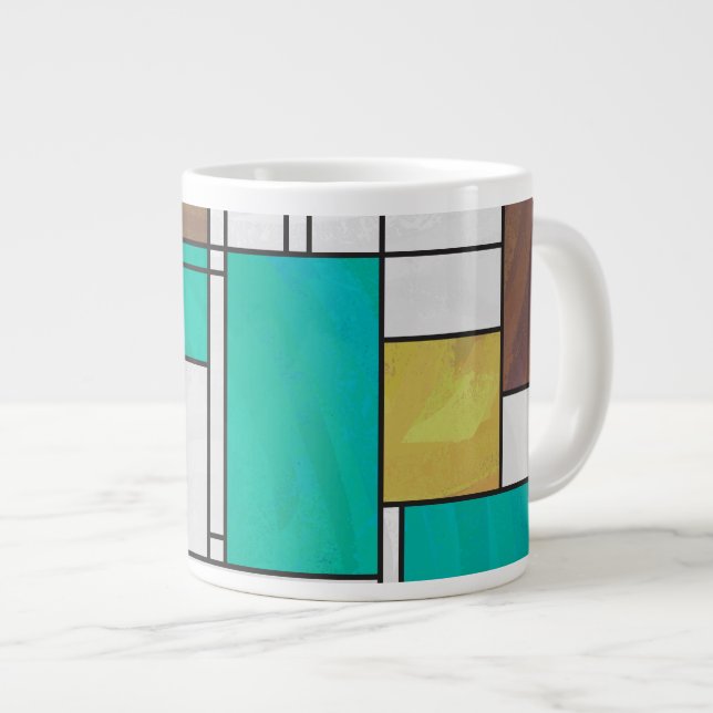 Mondrian Brown Yellow Teal Print Large Coffee Mug (Front Right)