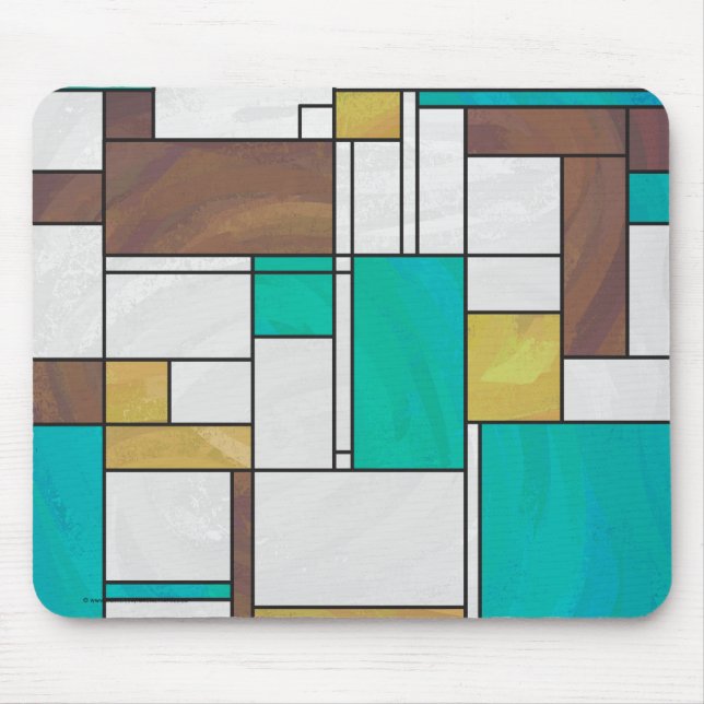 Mondrian Brown Yellow Teal Print Mouse Mat (Front)