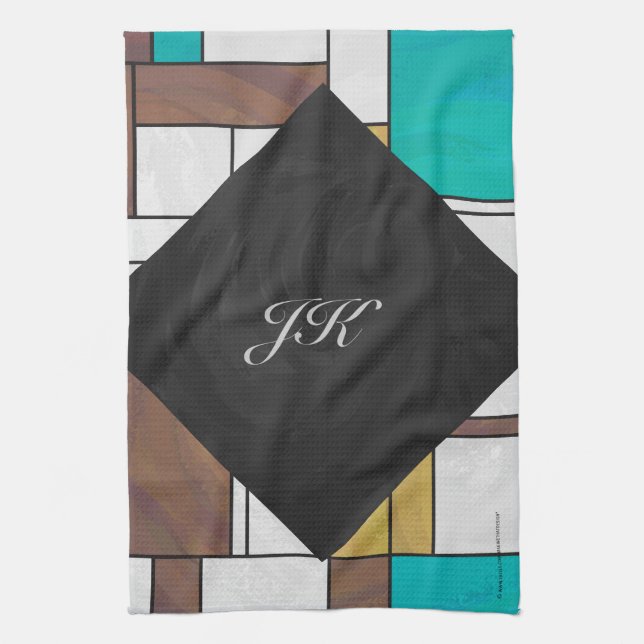 Mondrian Brown Yellow Teal Print Tea Towel (Vertical)