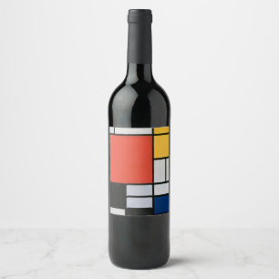 Mondrian Composition Red Yellow Blue Black  Wine Label