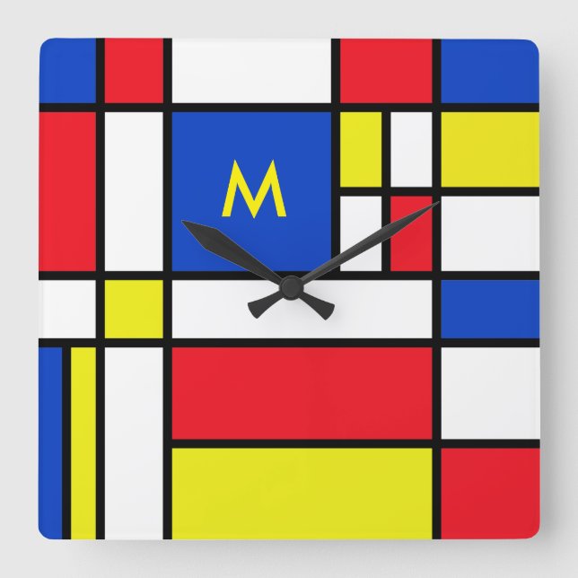 Mondrian Inspired Geometrical Design Abstract Art Square Wall Clock (Front)