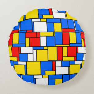 Mondrian Inspired Style Red Blue Yellow Pattern Round Cushion