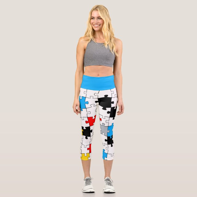 Mondrian modern jigsaw puzzle piece primary colour capri leggings (Front)