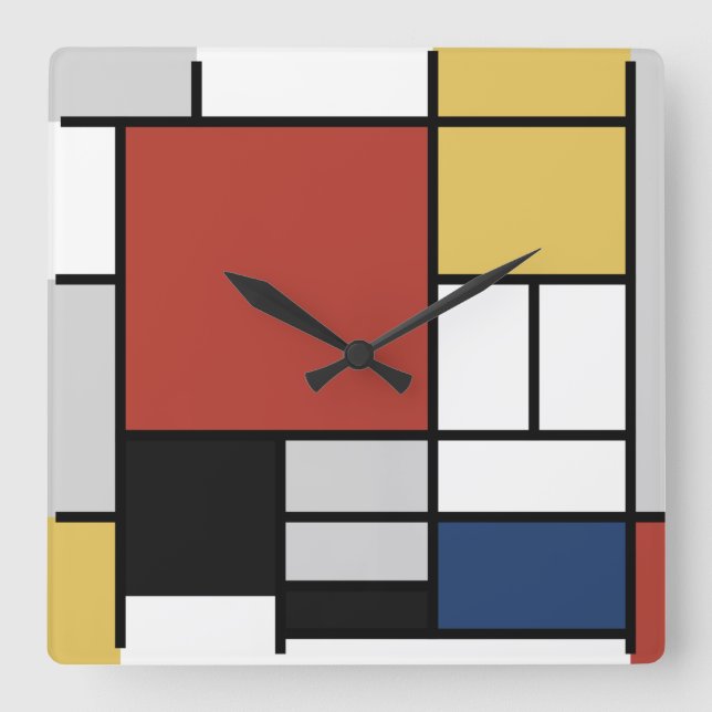 Mondrian Painting Red Plane Yellow Black Gray Blue Square Wall Clock (Front)