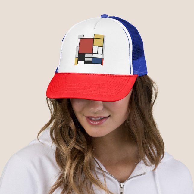 Mondrian Painting Red Plane Yellow Black Gray Blue Trucker Hat (In Situ)