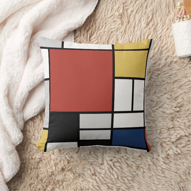 Mondrian Painting Red Plane Yellow Black Grey Blue Cushion (Blanket)