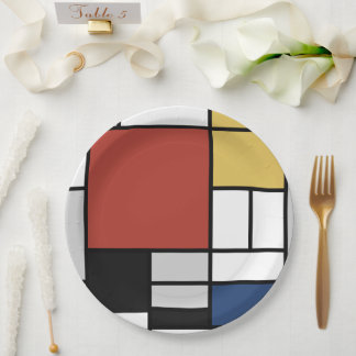 Mondrian Painting Red Plane Yellow Black Grey Blue Paper Plate