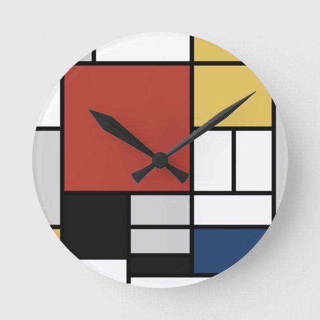 Mondrian Painting Red Plane Yellow Black Grey Blue Round Clock (Front)