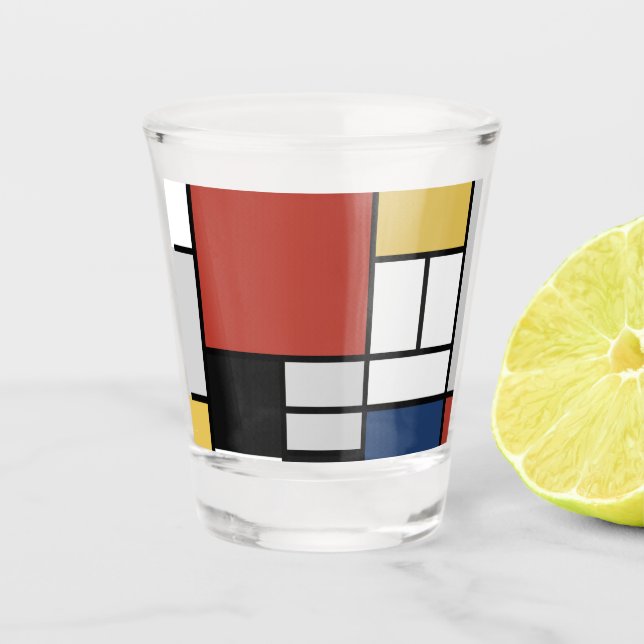 Mondrian Painting Red Plane Yellow Black Grey Blue Shot Glass (Front)