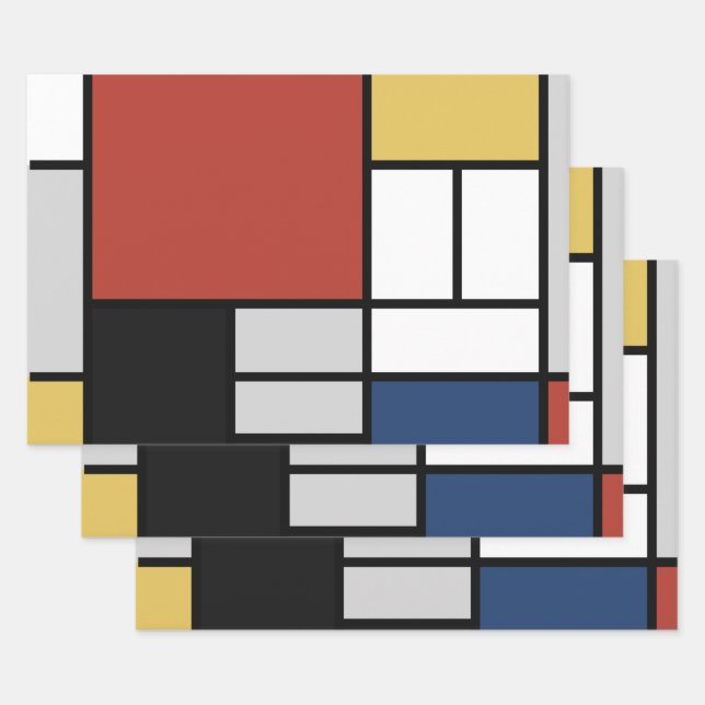 Mondrian Painting Red Plane Yellow Black Grey Blue Wrapping Paper Sheet (Set)
