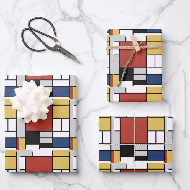 Mondrian Painting Red Plane Yellow Black Grey Blue Wrapping Paper Sheet (Front)