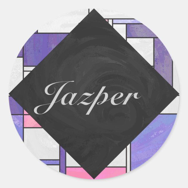 Mondrian Pink Purple White Print Classic Round Sticker (Front)