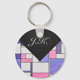 Mondrian Pink Purple White Print Key Ring
