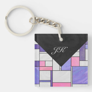 Mondrian Pink Purple White Print Key Ring