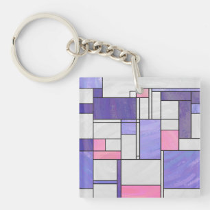 Mondrian Pink Purple White Print Key Ring