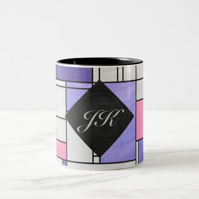 Mondrian Pink Purple White Print Two-Tone Coffee Mug (Center)