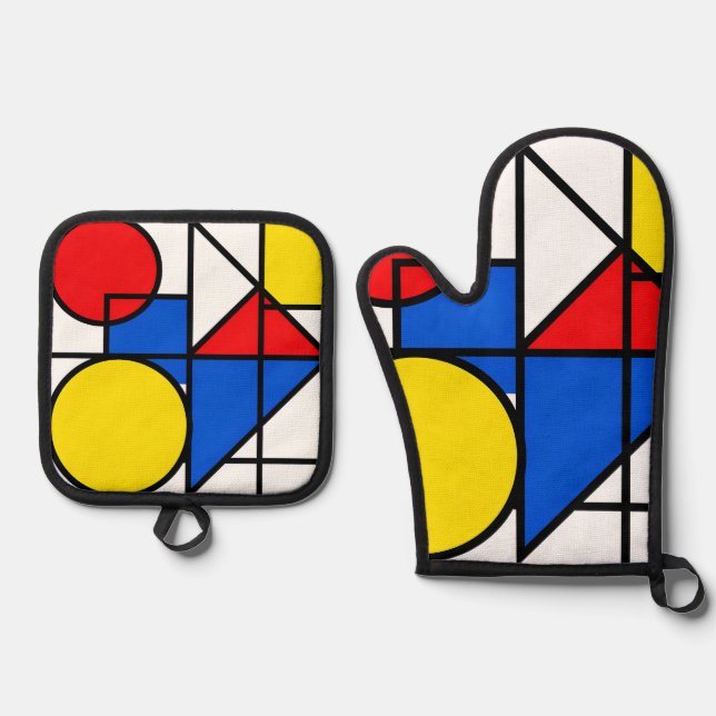 Mondrian Primary Color Composition Oven Mitt & Pot Holder Set (Front)