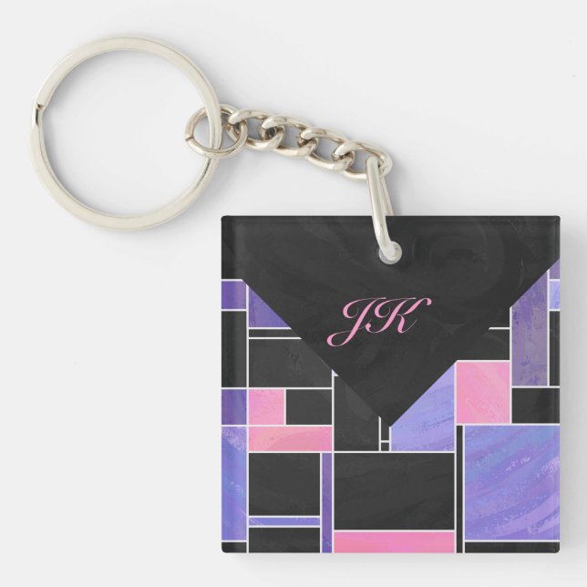 Mondrian Purple Pink Black Print Key Ring (Front)