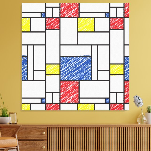 Mondrian Scribbles Minimalist De Stijl Modern Art Canvas Print (Insitu(LivingRoom))