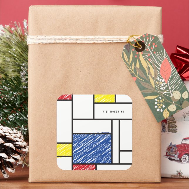 Mondrian Scribbles Minimalist De Stijl Modern Art Square Sticker (Holiday)