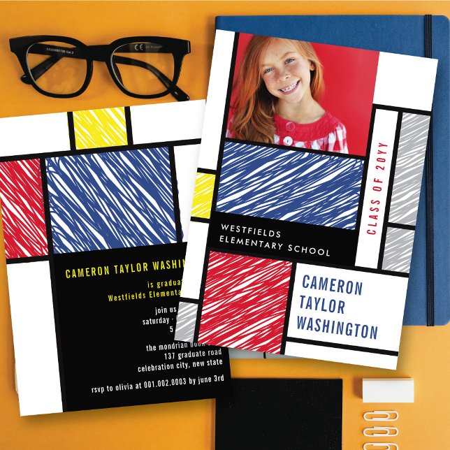 Mondrian Scribbles Modern Photo Graduation Party Invitation (Mondrian Scribbles Modern Photo Graduation Party Invitation by fatfatin @ zazzle.com/color_therapy)