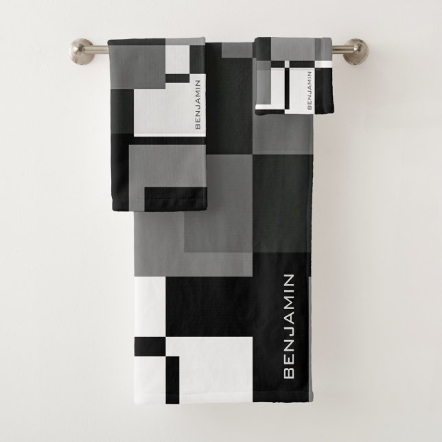 Mondrian Style Abstract Modern Pattern Black White Bath Towel Set (Insitu)