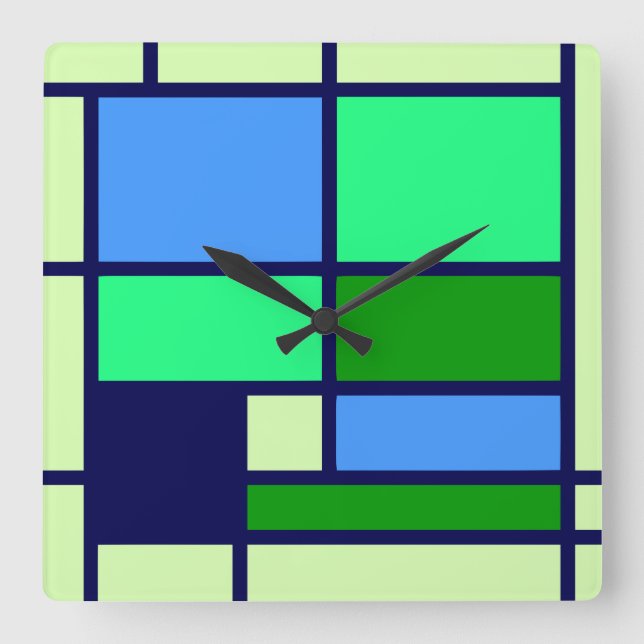 Mondrian style design blue green square wall clock (Front)