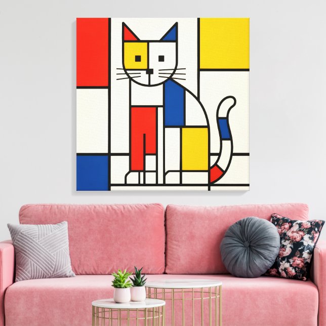 Mondrian Style Geometric Cat Abstract Pop Art Canvas Print (Insitu(LivingRoom))