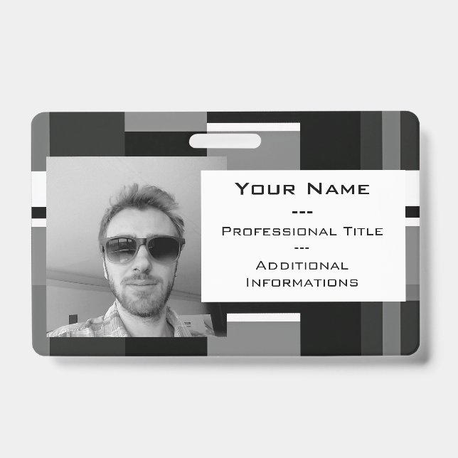 Mondrian Style Grey Abstract Modern Geometric Chic ID Badge (Front)