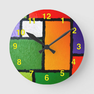 Mondrian Style Orange Green Blue Fuzzy Abstract Round Clock