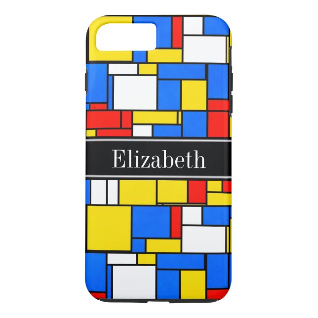 Mondrian Style Red Blue Yellow Black Name Monogram Case-Mate iPhone Case (Back)