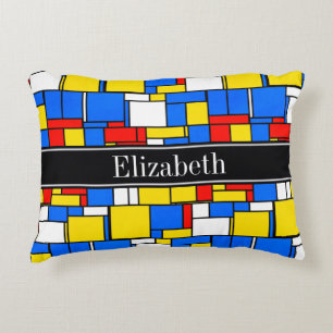 Mondrian Style Red Blue Yellow Black Name Monogram Decorative Cushion