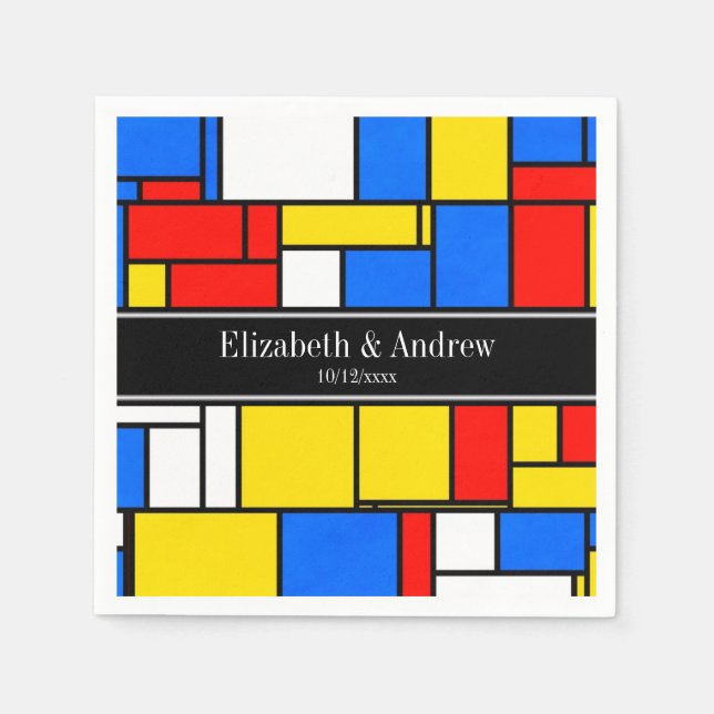 Mondrian Style Red Blue Yellow Black Name Monogram Napkin (Front)