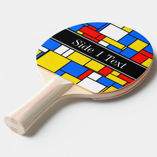Mondrian Style Red Blue Yellow Black Name Monogram Ping Pong Paddle (Front Angle)