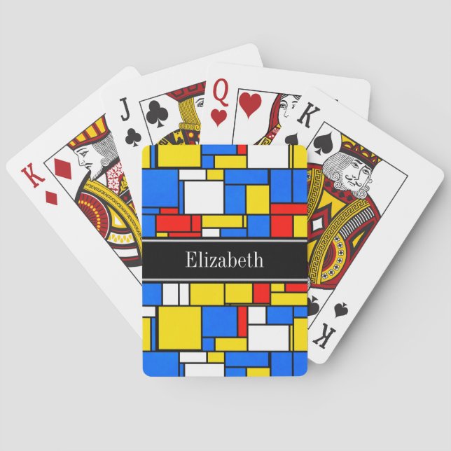 Mondrian Style Red Blue Yellow Black Name Monogram Playing Cards (Back)