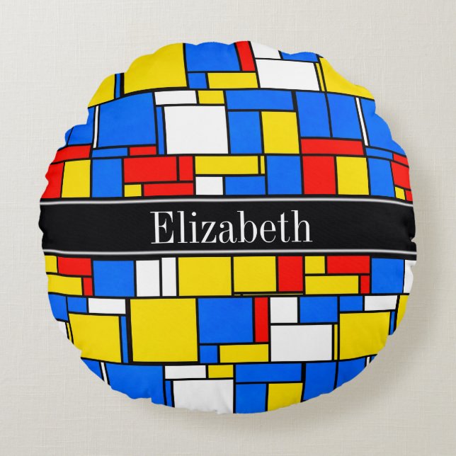 Mondrian Style Red Blue Yellow Black Name Monogram Round Cushion (Front)