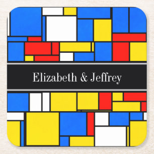 Mondrian Style Red Blue Yellow Black Name Monogram Square Paper Coaster