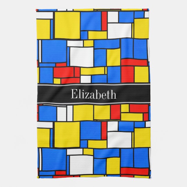 Mondrian Style Red Blue Yellow Black Name Monogram Tea Towel (Vertical)