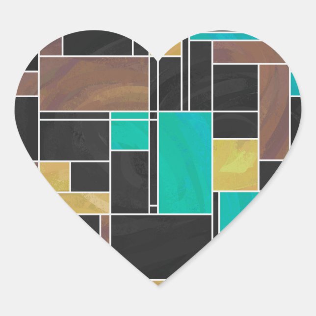 Mondrian Teal Brown Black Print Heart Sticker (Front)